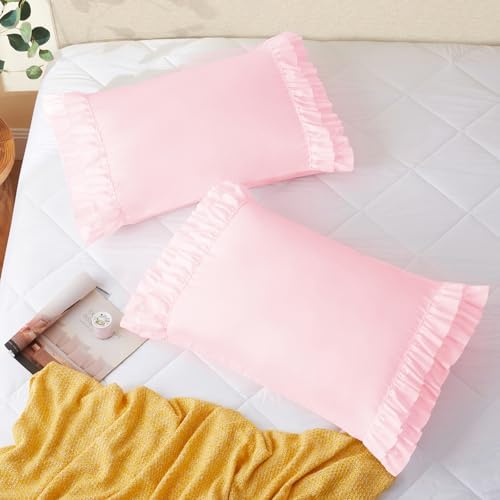 Vonty Pink Ruffled Pillow Cases Set of 2, Standard Size, 20x26 Inch - Image 3