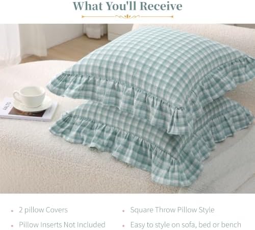 Gingham Throw Pillow Covers 20x20, Seafoam Green, Ruffle Trim - Image 7