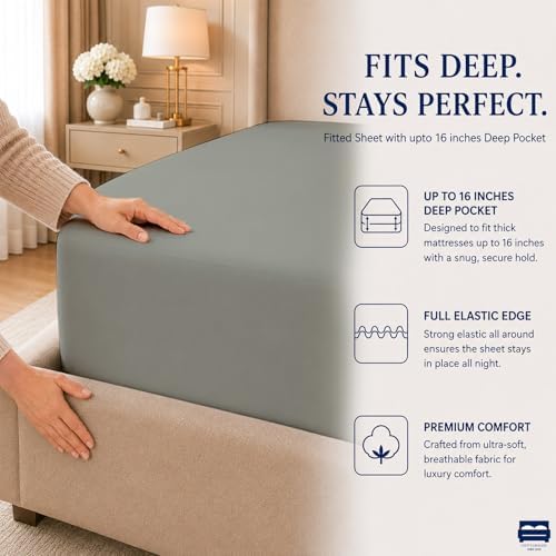 Cottingon 4 PC Cal King Sheets Fits 16" Deep, Egyptian Cotton, Light Grey - Image 7