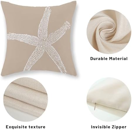 Coastal Pillow Covers 16x16 Inch Set of 2 Brown Tan Coral Starfish Throw - Image 7