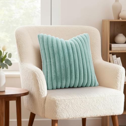 decorUhome Fall Faux Fur Throw Pillow Covers 24x24 Set of 2 Aqua - Image 4