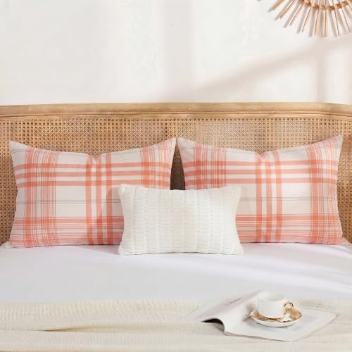Merryword 100% Cotton Pillow Cases, Standard Size, Washed Cotton Coral Plaid - Image 3