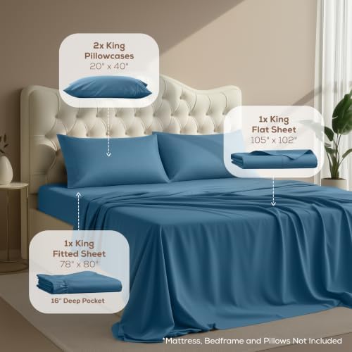 King Sheets Set, 4 Pieces 16" Deep Pocket Hotel Luxury Bedsheets, Dusk Blue - Image 2