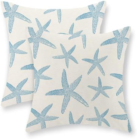 Blue Starfish Pillow Covers 18x18 Set of 2 Coastal Throw Pillows Spring Summer by GOLIANDA
