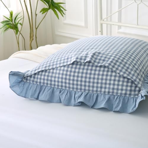 Mywinlle Dusty Blue Plaid Ruffle Gingham Euro Pillow Shams 26"x26" - Image 5