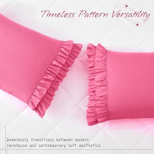 Vonty Hot Pink Ruffled Pillow Cases Set of 2, Queen Size, 20x30 Inch - Image 2