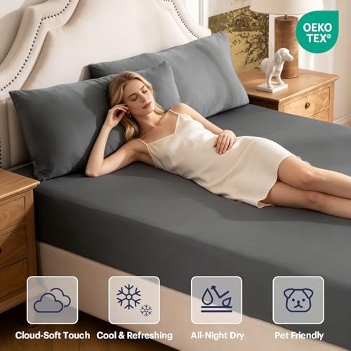 OMERAI 3PCS Cooling Sheet Set King, Breathable Bed Sheets, Drak Grey - Image 5