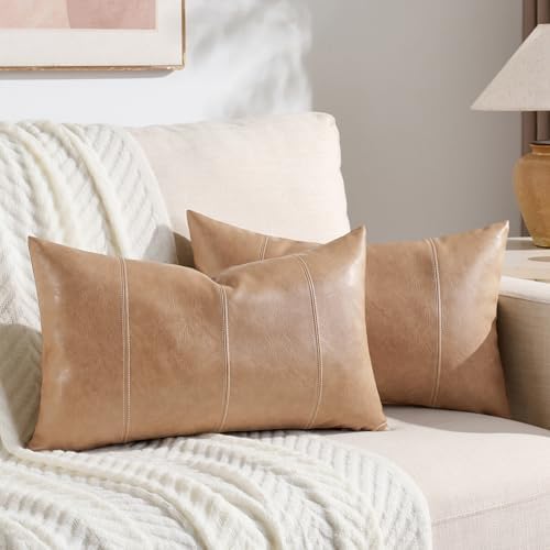 Fancy Homi Tan Long Lumbar Waterproof Faux Leather Decorative Throw Pillow - Image 2
