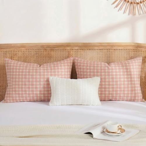 Merryword 100% Cotton Pillow Cases, Queen Size, Washed Cotton Pastel Pink Plaid - Image 4