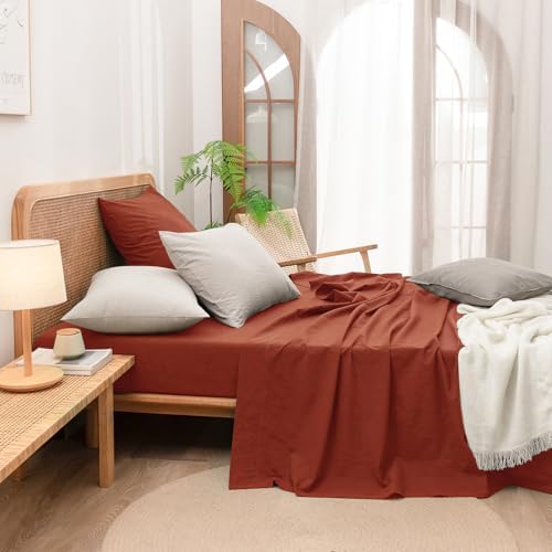 BESTOUCH Washed Cotton Pillowcases Linen Feel Burnt Brick Red Euro - Image 5