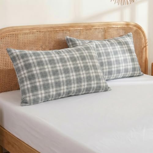 Merryword 100% Cotton Pillow Cases, Queen Size, Mist Gray Plaid Pillowcases - Image 3