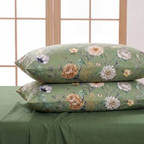 Bedorm 100% Cotton Pillowcases Set of 2 Queen Size Green Floral Pillow Cover - Image 7