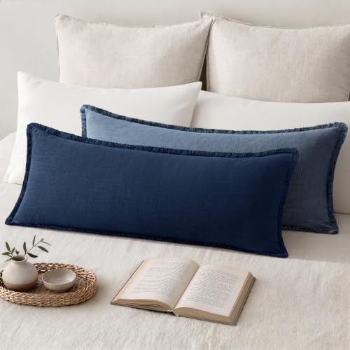 MIULEE 14x36 Long Linen Fringe Lumbar Pillow Covers Set of 1 Dark Navy - Image 3