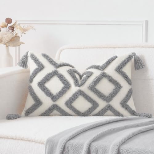 PANOD Soft Chenille Tufted Farmhouse Lumbar Pillow Covers 12x20 Inches Neutral by PANOD