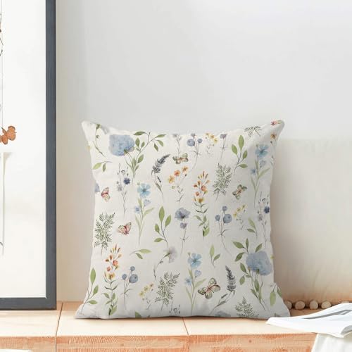 Spring Pillow Covers 18x18 Inch Set of 2, Sage Green Blue Wild Flower Throw - Image 3