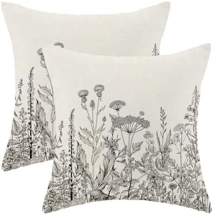 AEIOAE Black White Gray Pillow Covers 18x18 Inch Set of 2, Spring Wildflower by AEIOAE