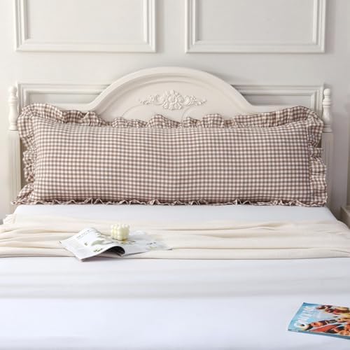 Silnuo Taupe/White Plaid Gingham Ruffled Body Pillow Cover 20"x54" - Image 2