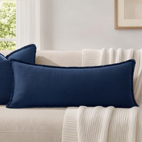 MIULEE 14x36 Long Linen Fringe Lumbar Pillow Covers Set of 1 Dark Navy - Image 7