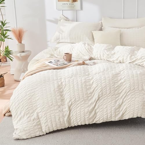HYMOKEGE Ivory Oversized Queen Comforter Set Seersucker 7 Pieces, All Season - Image 2
