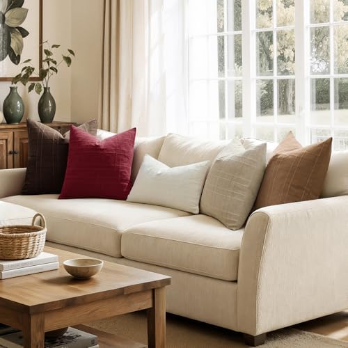 MIULEE Linen Plaid Pillow Covers Christmas Decorative Euro 24x24 Burgundy - Image 5