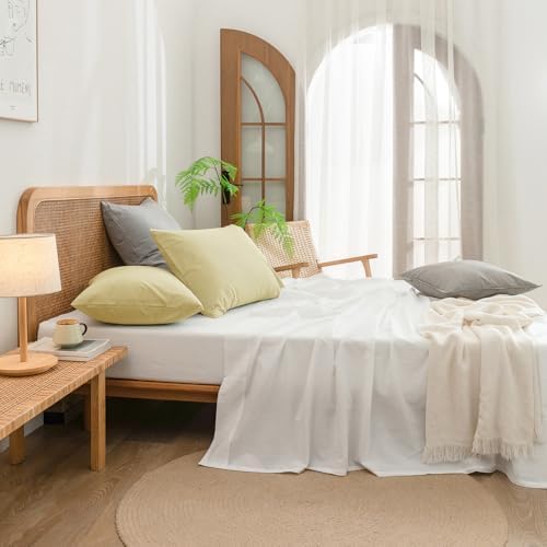 BESTOUCH Washed Cotton Pillowcases Linen Feel Light Yellow Queen - Image 5