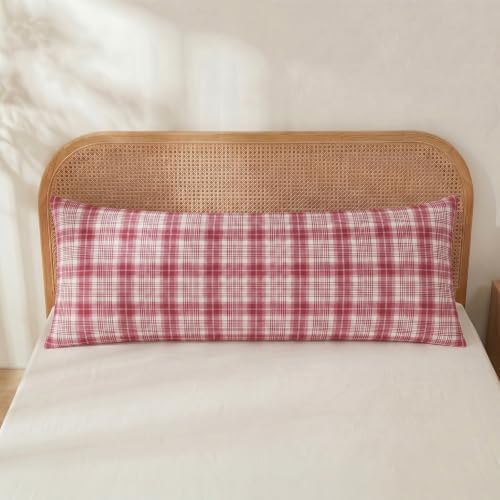 Merryword 100% Cotton Body Pillow Cover, 20 x 54, Washed Cotton Dusty Red Plaid - Image 2