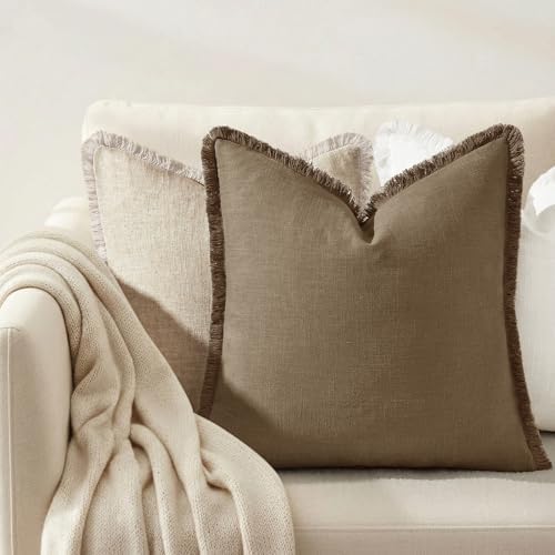 decorUhome Linen Fringe Light Brown Throw Pillow Covers 22x22 Set of 2 - Image 4