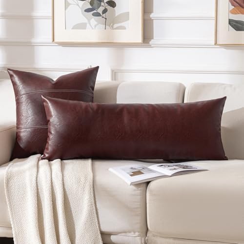 Fancy Homi Burgundy Boho Long Lumbar Faux Leather Body Decorative Throw Pillow - Image 5