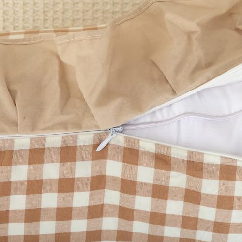JoraLion Ruffled Throw Pillow Cover 18x18 Gingham Khaki Solid Edge - Image 5