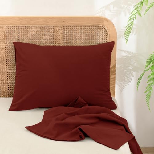 BESTOUCH Washed Cotton Pillowcases Linen Feel Fired Brick Red Queen - Image 3