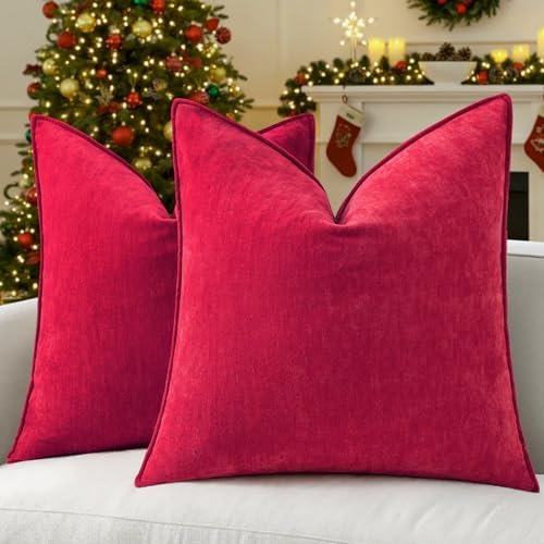 decorUhome Chenille Red Velvet Throw Pillow Covers 22x22 Set of 2 by decorUhome