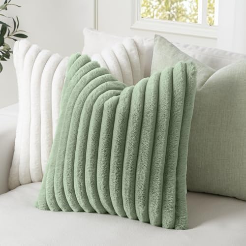 MIULEE Faux Fur Lumbar Throw Pillow Covers 12x20 Set of 2 Sage Green - Image 3