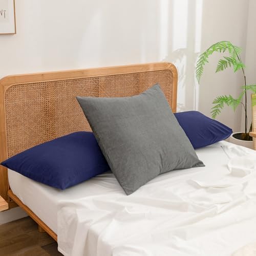 BESTOUCH Washed Cotton Pillowcases Linen Feel Navy Blue King - Image 2