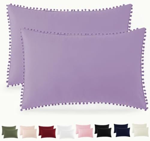 Pom Poms Pillow Shams King Size Set of 2, Light Purple Decorative Pillowcases by HommxJF