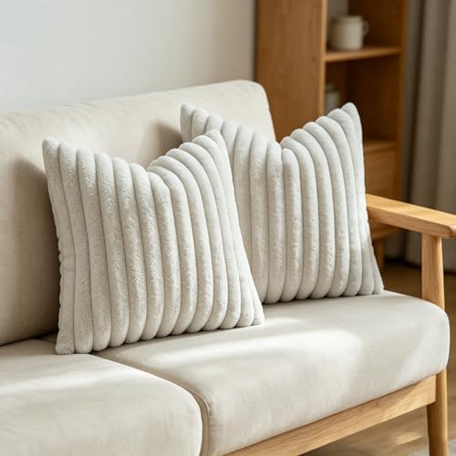 MOSAYT Faux Fur Pillow Covers 18x18 Set of 2, Ultra Soft Fluffy Striped Modern - Image 4