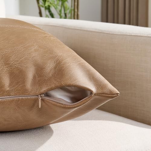 Fancy Homi Light Brown Boho Long Lumbar Faux Leather Decorative Throw Pillow - Image 3