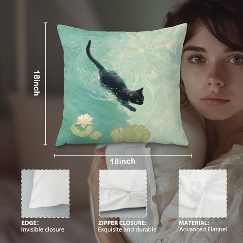 Black Cat Art Painting Throw Pillow Covers 18x18, Aesthetic Cats Decor Pillow - Image 6
