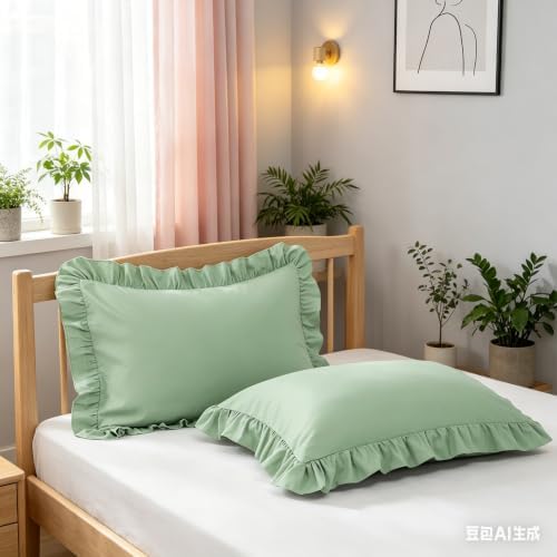 Ruffle Pillow Case Queen Size Set of 2, Light Green - Image 4