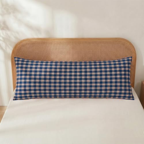 Merryword 100% Cotton Body Pillow Cover, 20 x 54, Washed Cotton Deep Blue Plaid - Image 2