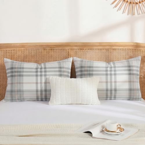 Merryword 100% Cotton Pillow Cases, King Size, Washed Cotton Coral Plaid - Image 4