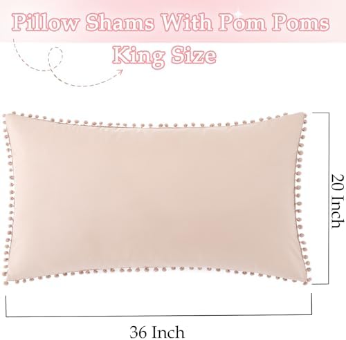 Pom Poms Pillow Shams King Size Set of 2, Taupe Decorative Pillowcases - Image 3