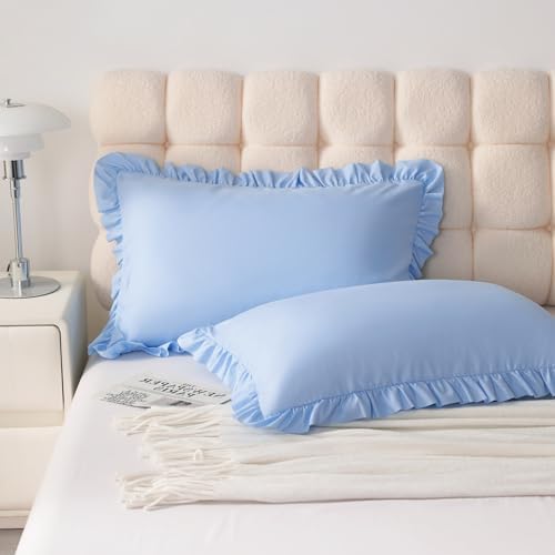 Ruffled Queen Pillow Shams, 2 Pack, 20x30 Inches, Sky Blue - Image 2