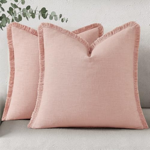 decorUhome Linen Fringe Pink Throw Pillow Covers 22x22 Set of 2 by decorUhome