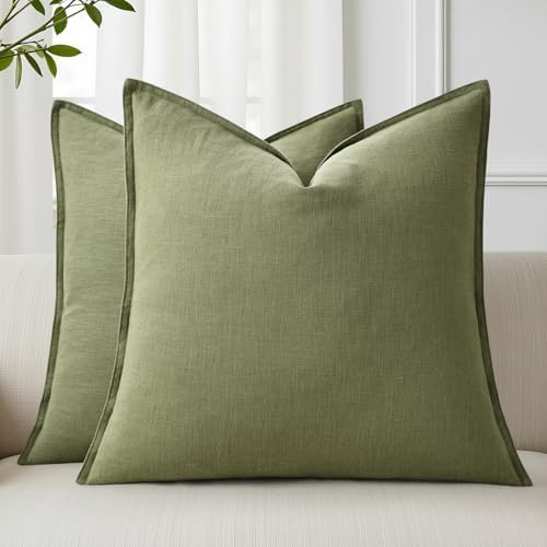 decorUhome Fall Olive Green Linen Throw Pillow Covers 20x20 Set of 2 by decorUhome
