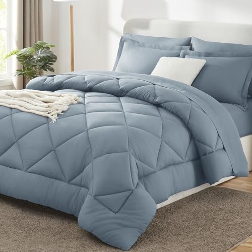 CozyLux Super King Comforter Set 120"x120", 7 Piece, Dusty Blue by CozyLux