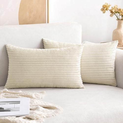 MIULEE Lumbar Soft Corduroy Throw Pillow Covers Set of 2 12x20 Cream White by MIULEE