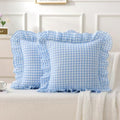Gingham Throw Pillow Covers 20x20, Sky Blue Plaid, Ruffle Trim by Jilboo