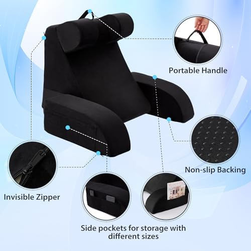 19" Reading Pillow for Bed Black, Flip Headrest and Back Support - Image 3