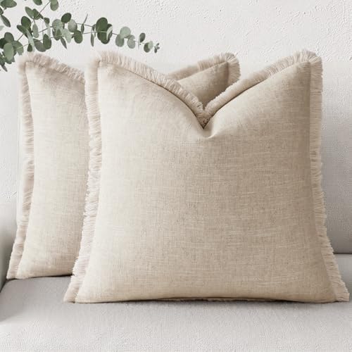 decorUhome Linen Fringe Natural Beige Throw Pillow Covers 26x26 Set of 2 by decorUhome