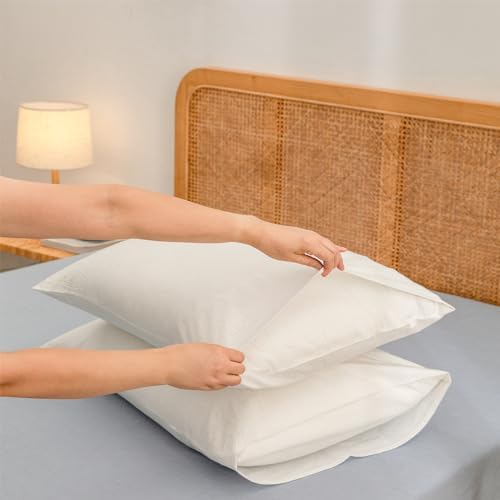 BESTOUCH Washed Cotton Pillowcases Linen Feel Off White Standard - Image 3